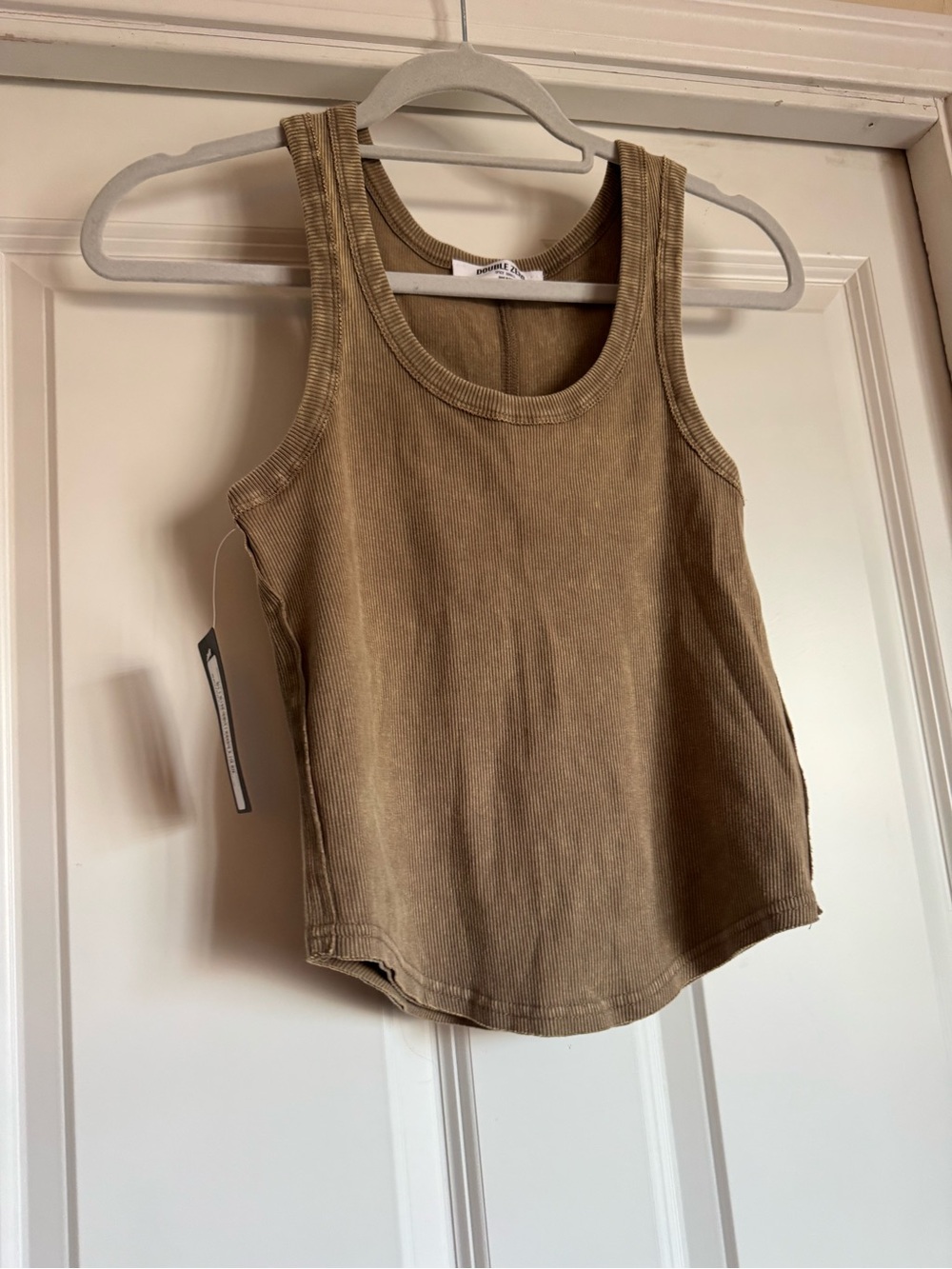 New Double Zero Size Spicy Small Mocha Brown Acid Washed Cotton Blend Tank Top